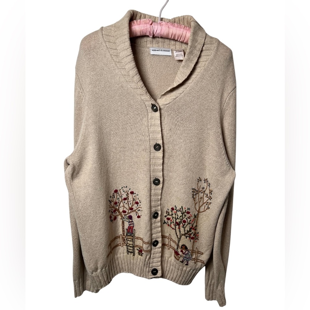 Vintage Alfred Dunner Cardigan Sweater Apple Picking Embroidered Beige Sz Large